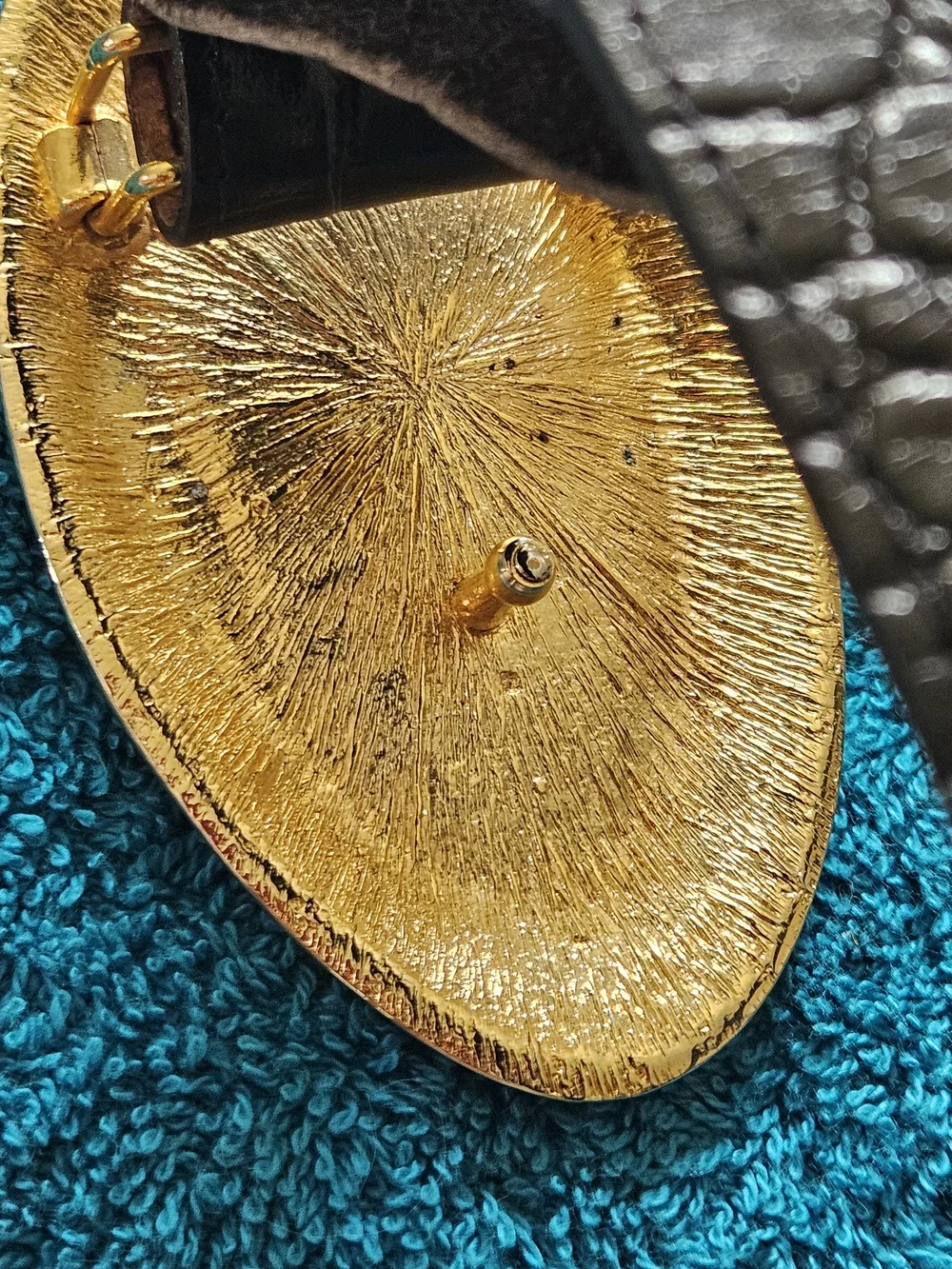 Black Croc-Embossed Leather Belt with Brass Oval Buckle